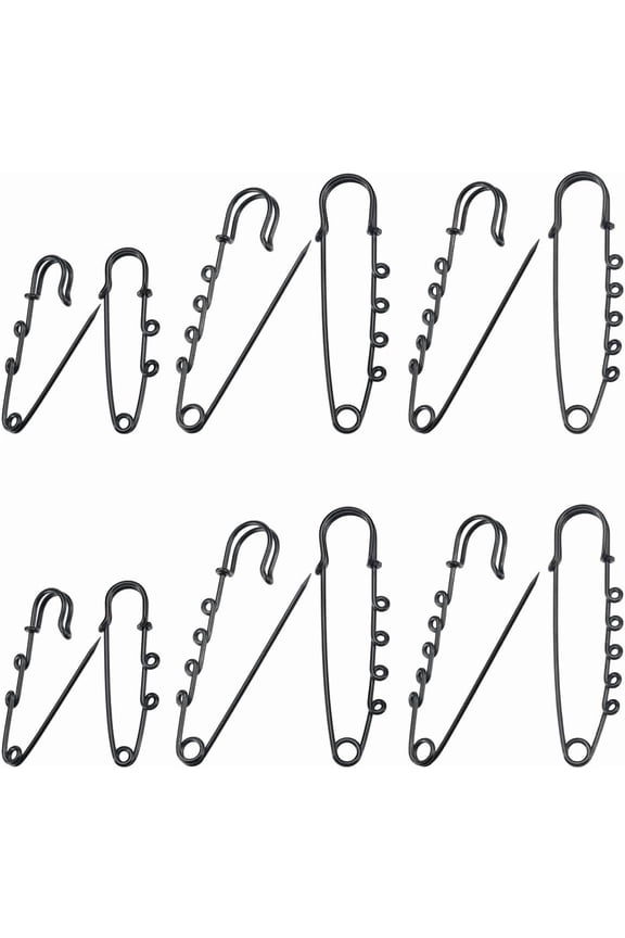 1 Box 12Pcs 3 Styles Stainless Steel Safety Pin Brooch Black Kilt Pins Bulk Metal Heavy Duty Fastener Loops Clasp Pins Findings with Holes