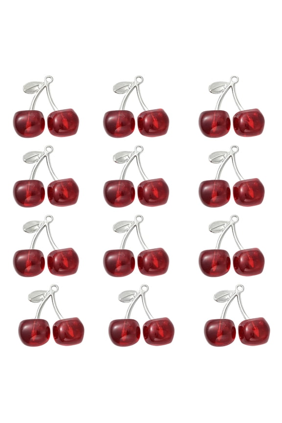 1 Box 12Pcs 3D Cherry Charm Resin Fruit Charms Bulk Summer Kawaii Fruits Red Berry Cherries Pendants with Silver Metal Alloy Loop