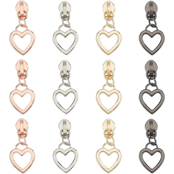 1 Box 12Pcs 4 Colors Alloy Zipper Pulls Heart Zipper Slider Love Shape Zipper Head Repair Replacement for Luggages Purses Bags Clothes Shoes