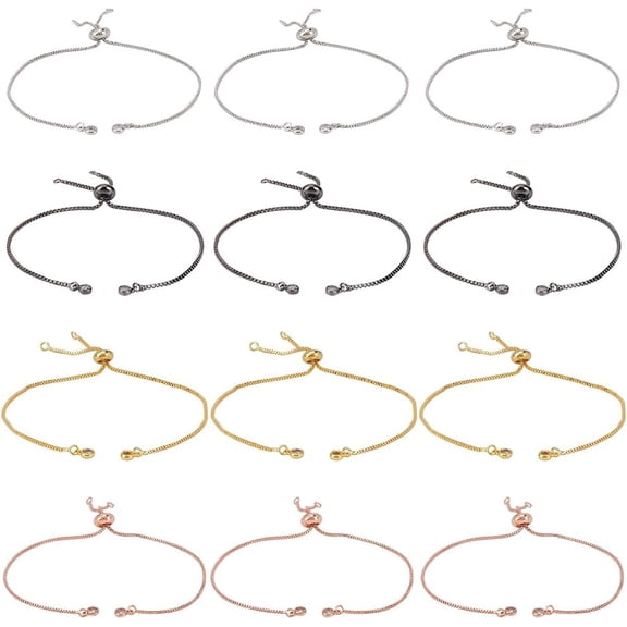 1 Box 12Pcs 4 Colors Slider Bracelet Chain Adjustable Slider Bracelets Bead Ends Chains with Rhinestone End Brass Findings
