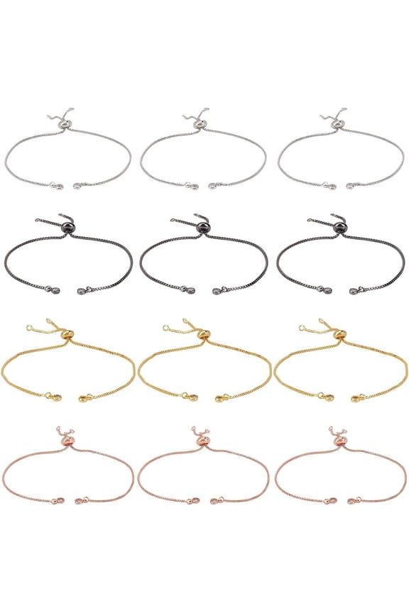 1 Box 12Pcs 4 Colors Slider Bracelet Chain Adjustable Slider Bracelets Bead Ends Chains with Rhinestone End Brass Findings