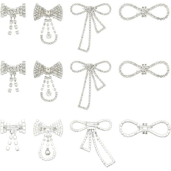 1 Box 12Pcs 4 Style Crystal Rhinestone Bowknot Lapel Pins Creative Brass Badges for Backpack Clothes Silver 22~71x27.5~69.5x9.5~12mm Pin: 0.6mm 3Pcs/style