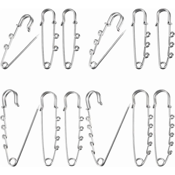 1 Box 12Pcs 4 Styles Silver Safety Pin Small Kilt Pins Bulk Metal 304 Stainless Steel Heavy Duty Fastener Loops Clasp Brooches Findings with Holes for Sewing Blanket Clothes DIY Jewelry Silver