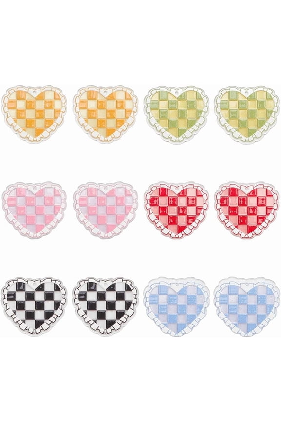 1 Box 12Pcs 6 Colors Checkered Heart Charm Bulk Acrylic Charms Hearts 35mm Plastic Transparent Love Black Racing Flag Pendants for Jewelry Making Valentines Necklaces Bracelets DIY Crafts