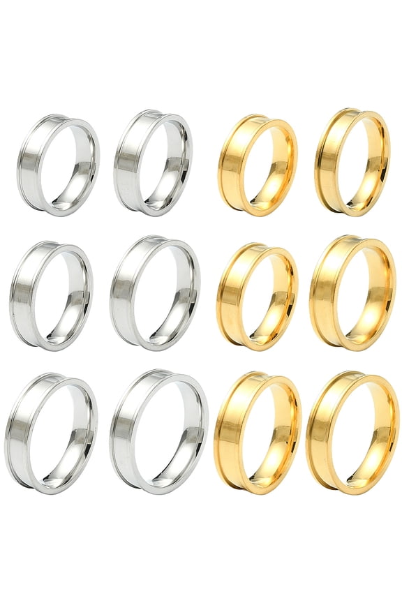 1 Box 12Pcs 6 Sizes Stainless Steel Ring Blanks Silver Grooved Rings Setting Gold Round Blank Core Double Grooved Finger Band DIY