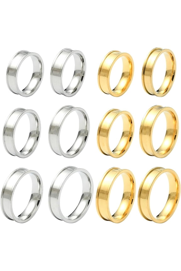 1 Box 12Pcs 6 Sizes Stainless Steel Ring Blanks Silver Grooved Rings Setting Gold Round Blank Core Double Grooved Finger Band