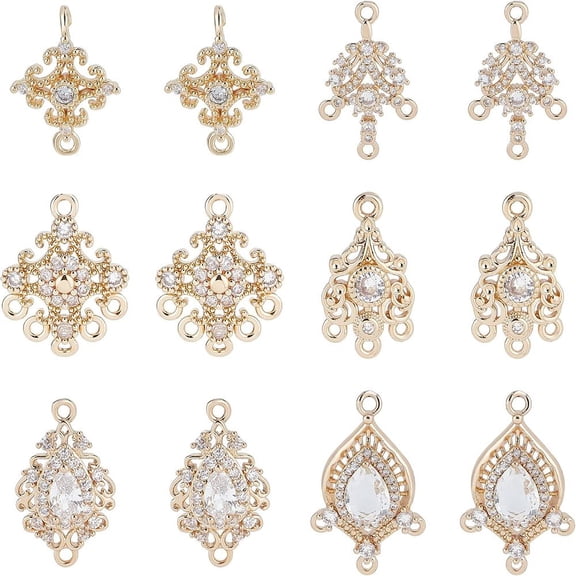 1 Box 12Pcs 6 Style Links Making Finding Kit Including Brass Micro Pave Cubic Light Gold 16.5~25x10.5~16x3~5mm Hole: 1.2~1.6mm 2Pcs/style