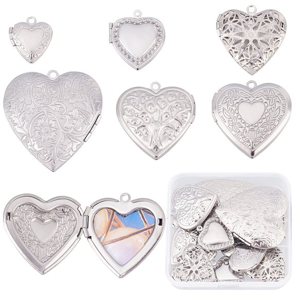 1 Box 12Pcs 6 Style Stainless Steel Photo Frame Charm Diffuser Locket Pendants Silver Heart Locket Photo Frame pendants