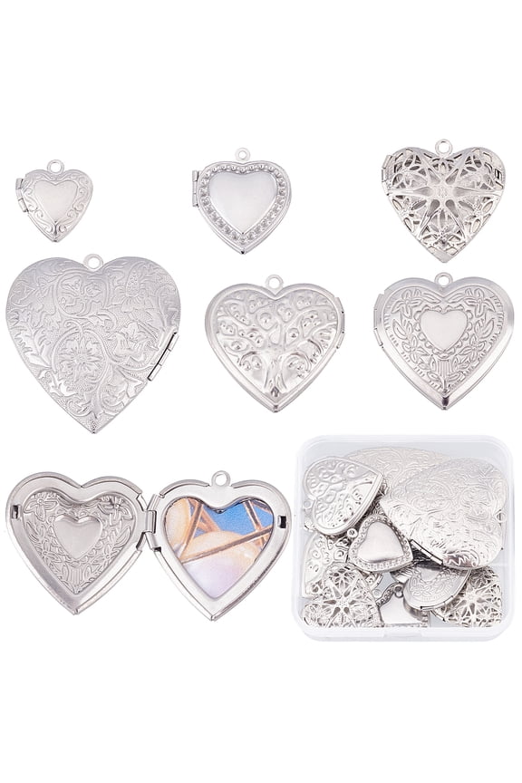 1 Box 12Pcs 6 Style Stainless Steel Photo Frame Charm Diffuser Locket Pendants Silver Heart Locket Photo Frame pendants