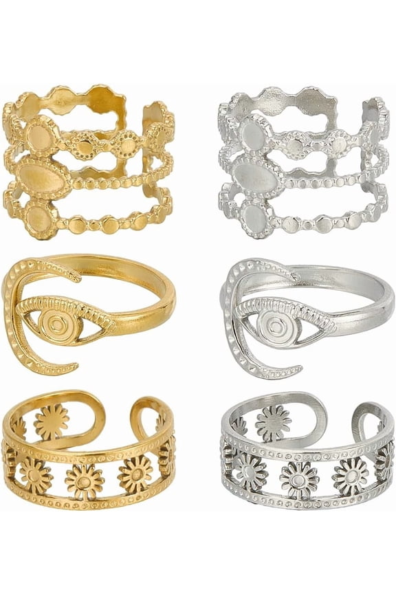 1 Box 12Pcs 6 Style Stainless Steel Ring Bezels Finger Ring Blank Base Gold Silver Metal Adjustable Flower Eye Open Rings Tray Component with Round Pad for Jewelry Making Rings DIY Crafts diy