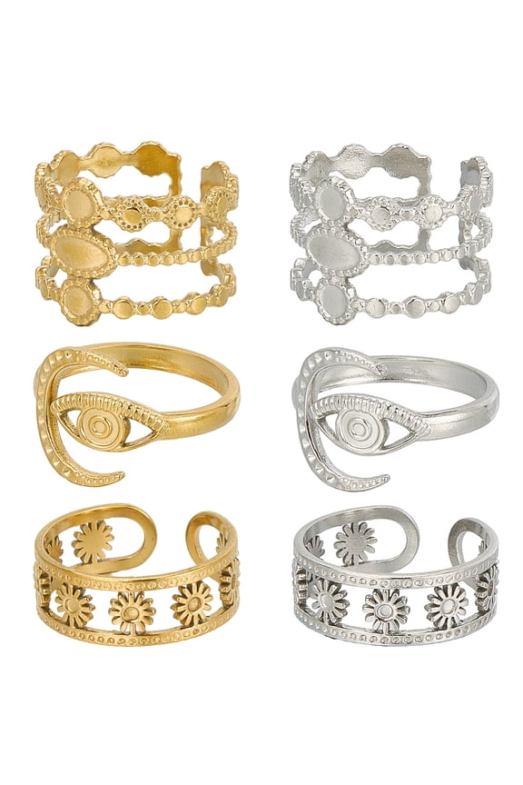 1 Box 12Pcs 6 Style Stainless Steel Ring Bezels Finger Ring Blank Base Gold Silver Metal Adjustable Flower Eye Open Rings Tray Component with Round