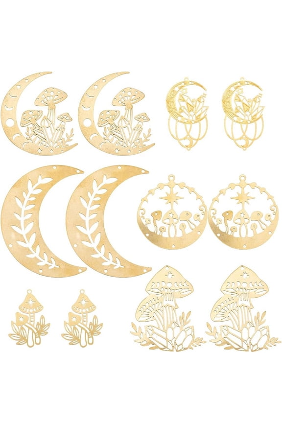 1 Box 12Pcs 6 Styles Hollow Moon Charms Gold Mushroom Charm Brass Double Sided Flat Round Cute Cartoon Tarot Style Pendant Charm for Jewelry Making Charms Pendants Earring Supplies DIY Craft diy