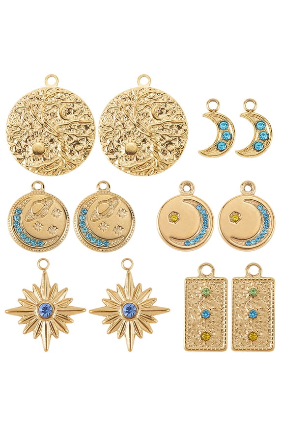 1 Box 12Pcs 6 Styles Real 18k Gold Plated Star Charms Bulk Rhinestone Moon Charm Star Planet Rectangle Stainless Steel Dangle PendantsDIY
