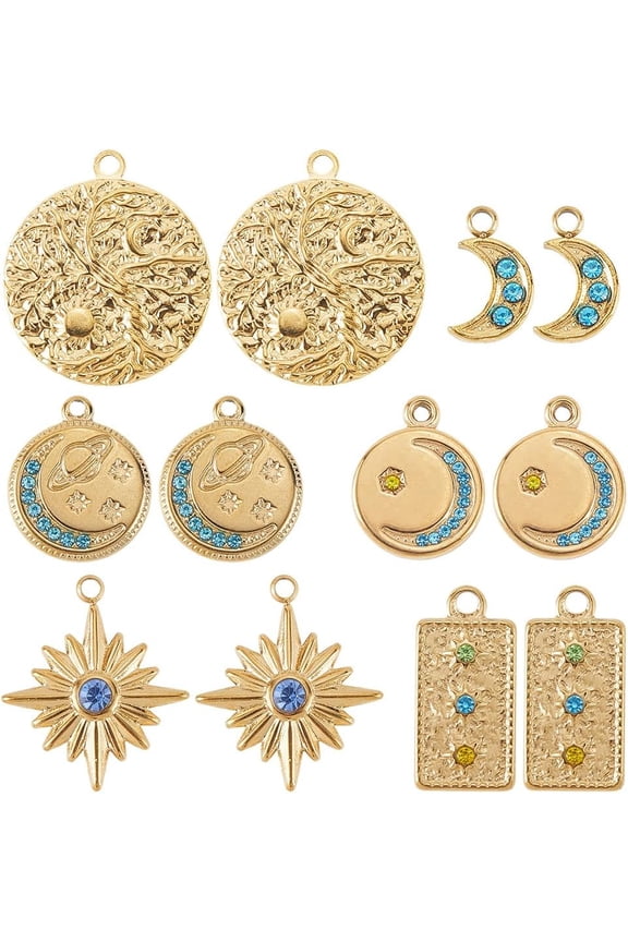 1 Box 12Pcs 6 Styles Real 18k Gold Plated Star Charms Bulk Rhinestone Moon Charm Star Planet Rectangle Stainless Steel Dangle Pendants