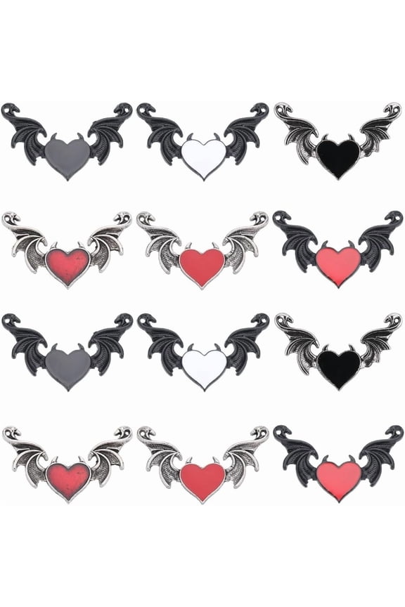 1 Box 12Pcs Bat Charms Gothic Style Halloween Bat Wing Charm Black White Red Heart Charms Devil Wings Links Double Loop Linking Connector Charm for Jewelry Making Charms DIY Craft Supplies