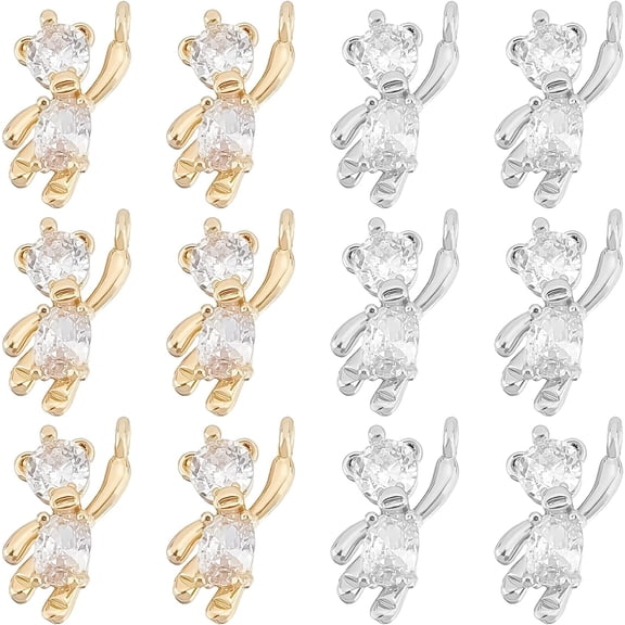 1 Box 12Pcs Bear Charms Animal Charms Real 18K Gold & Platinum Plated Brass Charm Rhinestone Cubic Zirconia Charms