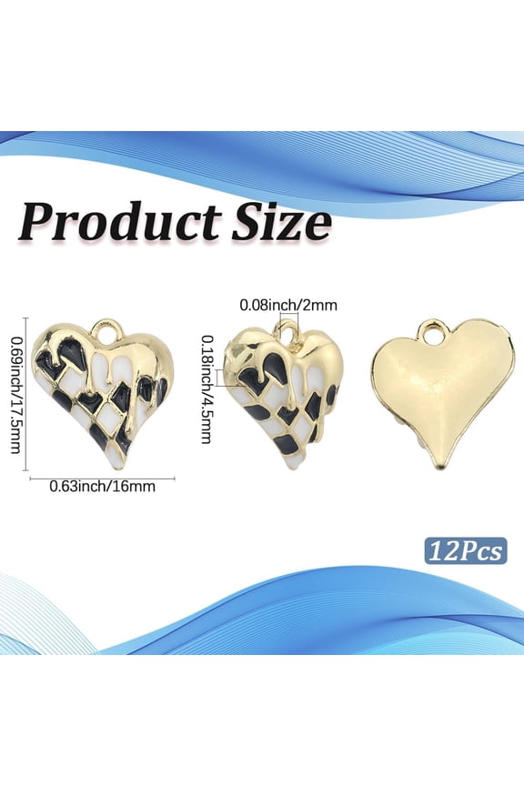 1 Box 12Pcs Black and White Checkered Charms Enamel Heart Charm Metal Alloy Gold Chic Checkerboard Love Valentines Pendants for Jewelry Making Supplies Crafts DIY Bracelet Necklaces Adults