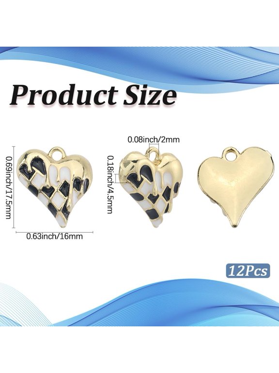 1 Box 12Pcs Black and White Checkered Charms Enamel Heart Charm Metal Alloy Gold Chic Checkerboard Love Valentines Pendants for Jewelry Making Supplies Crafts DIY Bracelet Necklaces Adults
