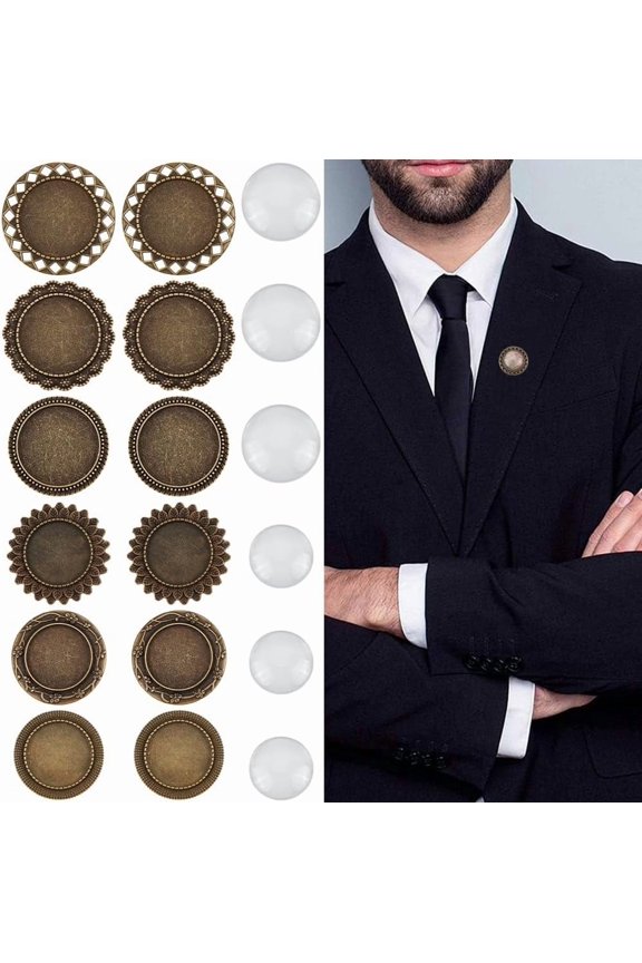 1 Box 12Pcs Brooch Making Kits Half Round Glass Cabochon Brooch Setting Bezel Brooch Blanks Vintage Bronze Cabochon Pins Bezels Trays