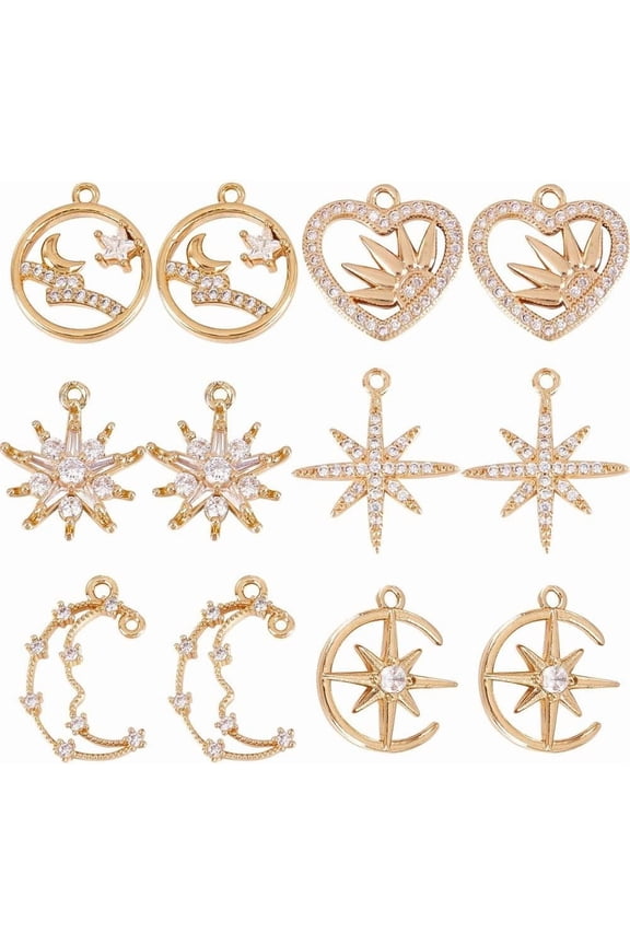 1 Box 12Pcs Cubic Zirconia Charms Micro Pave Rhinestone Moon Star Charm Flat Round Brass Charms Heart Love Crescent Hollow Charm for DIY