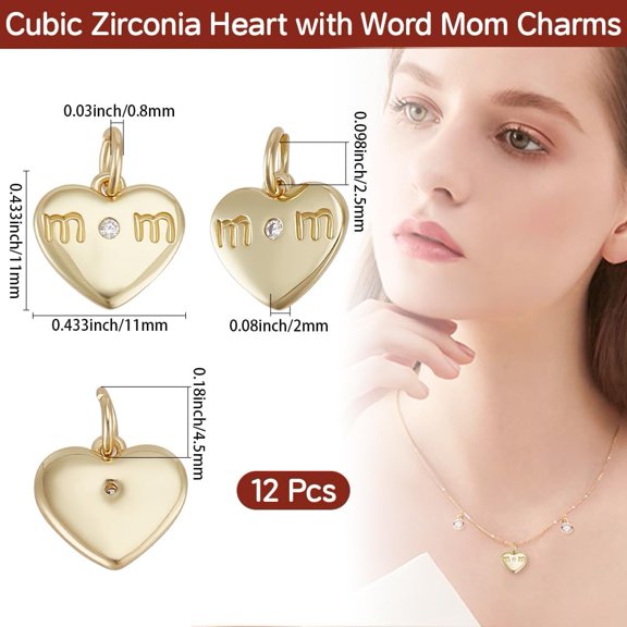 1 Box 12Pcs Cubic Zirconia Mom Charm Gold Plated Brass Heart Charm with Word Mom for Mother's Day Jewellery Making