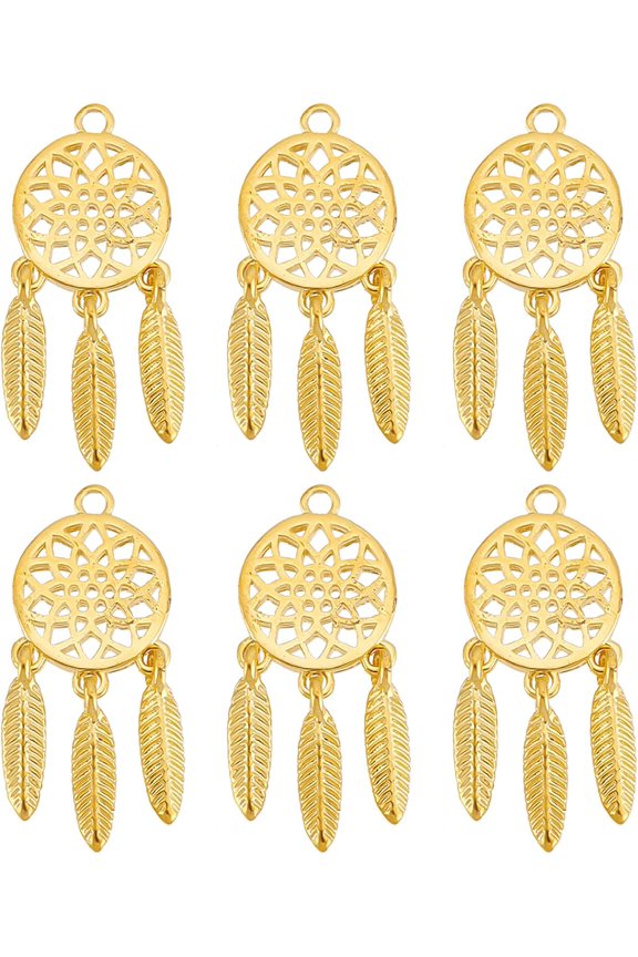 1 Box 12Pcs Dream Catchers Charms Real 18K Gold Plated Dreamcatchers Feather Filigree Ethnic Ornament Brass Woven Net Web with Feather Charm for DIY Bracelet Necklace Jewelry Making Hole:1.4mm