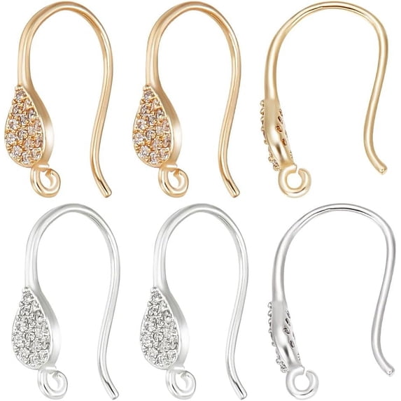 1 Box 12Pcs Earring Hooks 18K Gold Plated Brass and Platinum Plated Brass Cubic Zirconia Teardrop Earring Hooks 2 Color French Ear Wire with Loops for DIY Earrings Jewelry Making