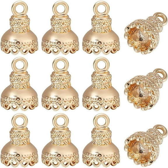 1 Box 12Pcs Flower Bead Cap 18K Gold Plated Brass Tassel Cap Bail 8mm Cover Bead Caps with Loop End Cap Clasp for Jewelry Making DIY Craft Gold