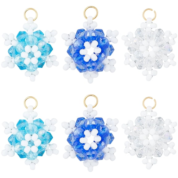 1 Box 12Pcs Glass Snowflake Charms 18K Gold Plated Stainless Steel Christmas Winter Faceted Snow Flake Glass Seed Beads Pendants Findings