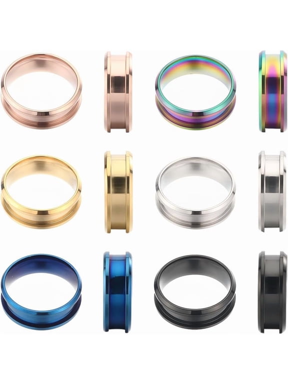 1 Box 12Pcs Inlay Ring Blanks Stainless Steel Finger Rings Blank Size 9 Blue Black Golden Grooved Ring Core Blanks Laser Inscription Plain Band Rings