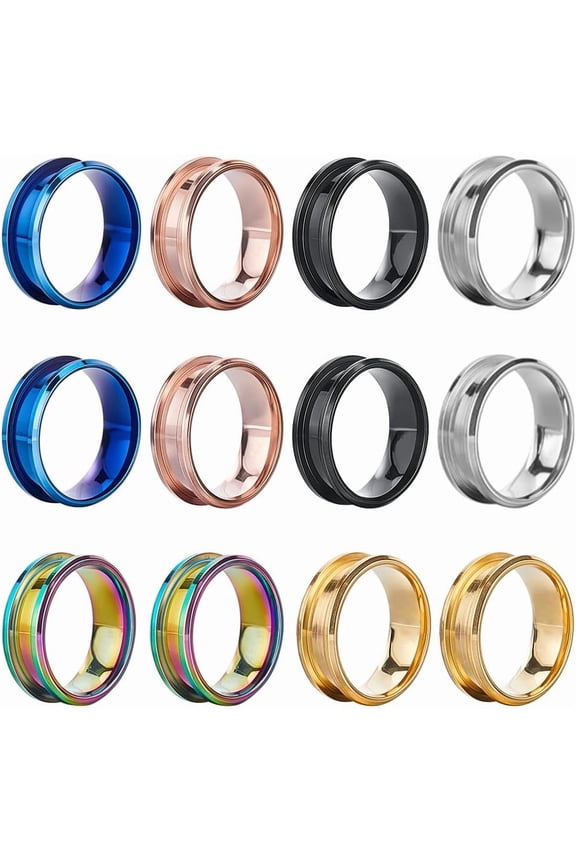1 Box 12Pcs Inlay Ring Blanks Stainless Steel Ring Blanks Size 8 Grooved Ring Core Black Blue Rose Gold Round Empty Rings Inlay Ring Base Blanks