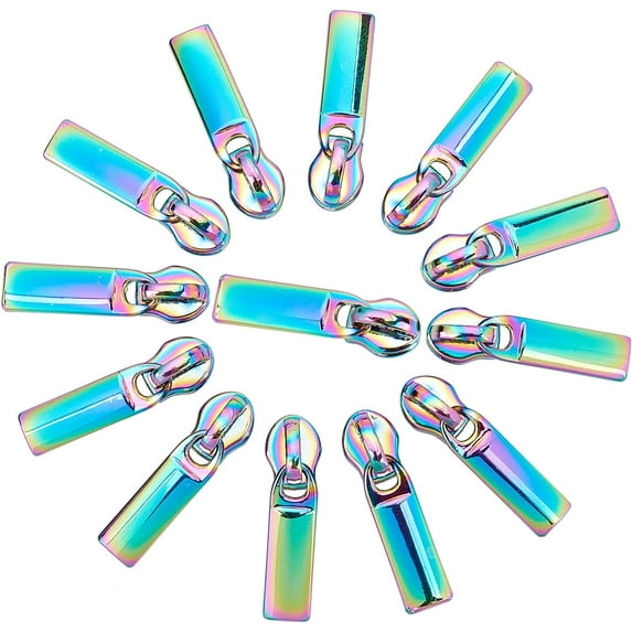 1 Box 12Pcs Rainbow Zipper Pull Colorful Zippers Heads Alloy Replacement Rectangle Long Sliders Repair Kit Nylon Non Lock Electroplated for Purse Bags Clothes Luggage DIY Crafts Supplies