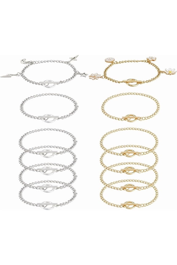 1 Box 12Pcs Real 18K Gold Plated Toggle Chain Bracelet OT Clasp Bracelets Bulk Golden Silver Stainless Steel Round Link Bangle Chains for Jewelry Making Crafts DIY Supplies Women Men Adults for DIY