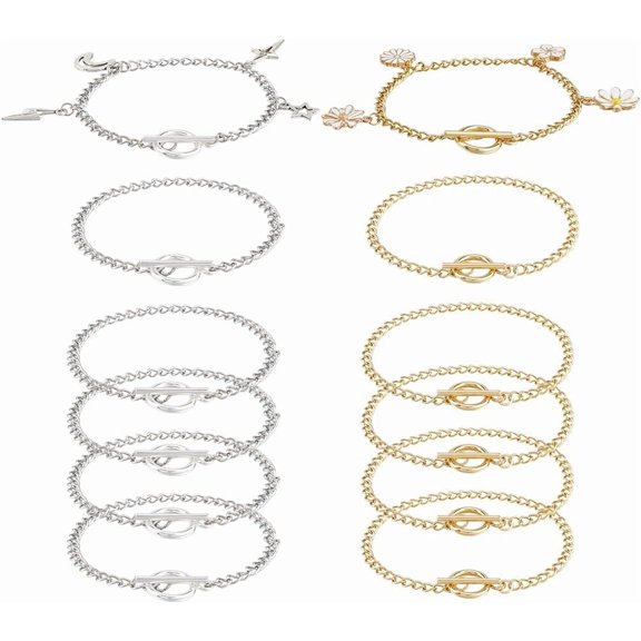 1 Box 12Pcs Real 18K Gold Plated Toggle Chain Bracelet OT Clasp Bracelets Bulk Golden Silver Stainless Steel Round Link Bangle Chains for Jewelry Making Crafts DIY Supplies Women Men Adults for DIY