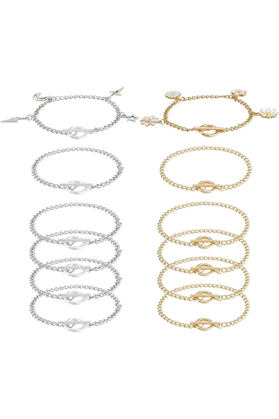 1 Box 12Pcs Real 18K Gold Plated Toggle Chain Bracelet OT Clasp Bracelets Bulk Golden Silver Stainless Steel Round Link Bangle Chains for Jewelry Making Crafts DIY Supplies Women Men Adults for DIY