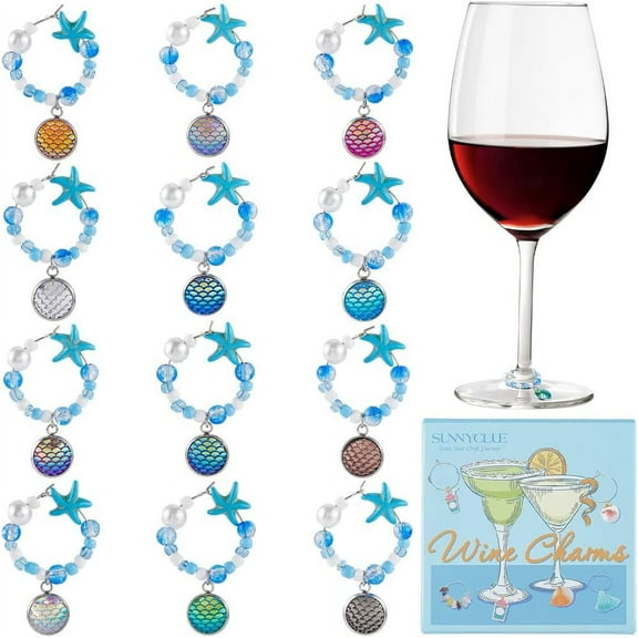 1 Box 12Pcs Sea Wine Glass Charms Beaded Wine Charms Bulk Resin Blue Summer Ocean Beach Hawaii Starfish Pearl Identifier Drinks Tags for Stem Glasses Tasting Parties Decoration Findings Deep Sky Blue