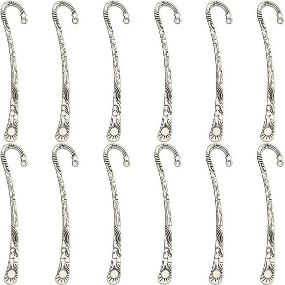 1 Box 12Pcs Silver Bookmarks Metal Bookmark Tibetan Style Carved Hook Book Markers with Loop Retro Embossed Book Mark Vintage Bookmarks for Book Lovers Men Women DIY Jewelry Making