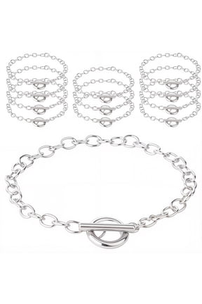 1 Box 12Pcs Silver Toggle Chain Bracelet Toggle Bracelet Bulk Metal Alloy 5mm Round Cable Bangle Simple Links Clasp Extender Chains DIY
