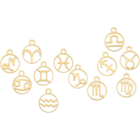 1 Box 12Pcs Stainless Steel 12 Constellations Zodiac Sign Pendants Charms Astrology Horoscope Charm Beads Flat Round Jewellery Accessories