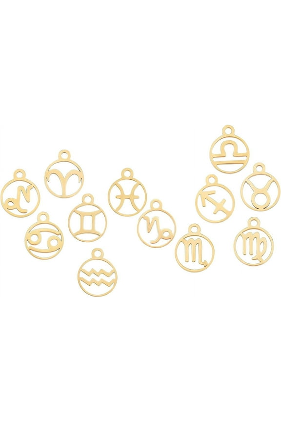 1 Box 12Pcs Stainless Steel 12 Constellations Zodiac Sign Pendants Charms Astrology Horoscope Charm Beads Flat Round Jewellery Accessories