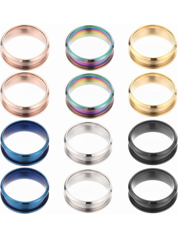 1 Box 12Pcs Stainless Steel Ring Blanks Size 7 Grooved Finger Rings Blue Black Golden Ring Core Blank Ring Cores Round Groove Empty Inlay Ring Blanks