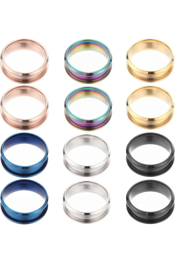 1 Box 12Pcs Stainless Steel Ring Blanks Size 7 Grooved Finger Rings Blue Black Golden Ring Core Blank Ring Cores Round Groove Empty Inlay Ring Blanks