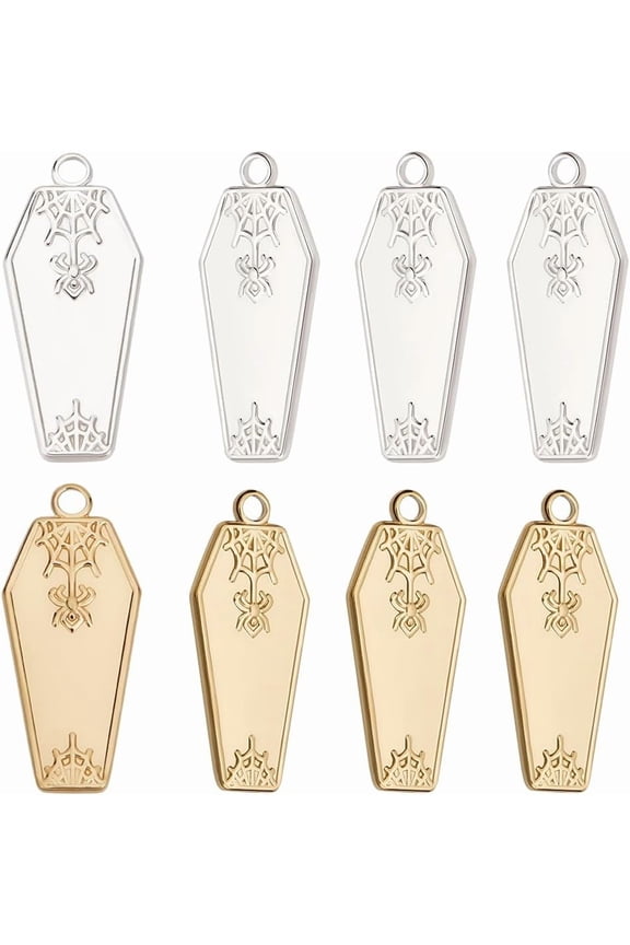 1 Box 12Pcs Theme Charm 304 Stainless Steel Coffin Shape Spider Charms for DIY Jewelry Making (Gold Silver)