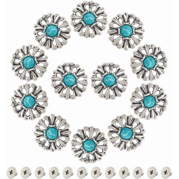 1 Box 12Pcs Turquoise Buttons Bulk 25mm Silver Metal Alloy Tibetan Vintage Green Sunflower Flat Round Screws Back Buttons for DIY Craft Wallet Bags Belts Clothes Supplies