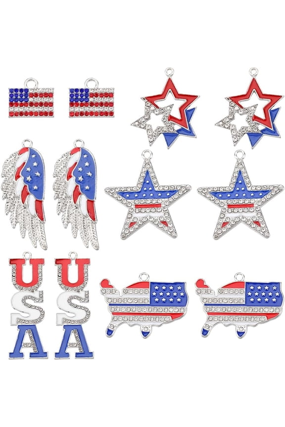1 Box 12Pcs USA Charms Patriotic Charm Rhinestone American Flag Charms Enamel Eagle Wings 4th of July Charm Silver Tone US Star Charm for Jewelry Making Charms DIY Crafts colorful