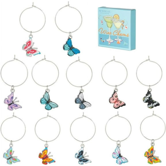 1 Box 12Pcs Wine Glass Charms Enamel Butterfly Wine Glass Markers Charms Drink Identifiers Silver Brass Beading Hoops Stemless Rings for for Stem Tasting Party Decor