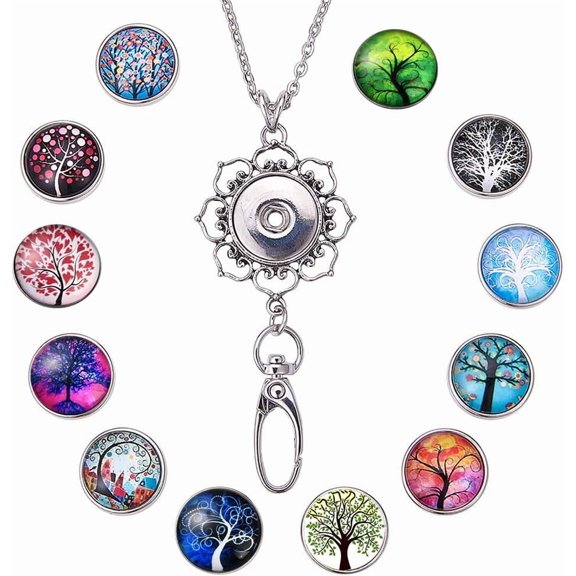 1 Box 12Pcs Women Office Lanyard ID Badges Holder Necklace Fancy Tree of Life School Stainless Steel Badge Lanyards Breakaway Snap Buttons Charms Jewelry Pendant Clip for Teacher Nurses Multi-color