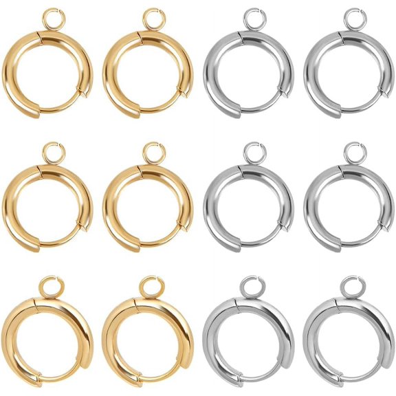 1 Box 12pcs 2 Colors 15mm Diameter Real 24k Gold Plated 201 Stainless Steel Huggie Hoop Earring Findings with Loops Metal Leverback Round Ear Ring Clip Stud Earring Hook for Earring Making