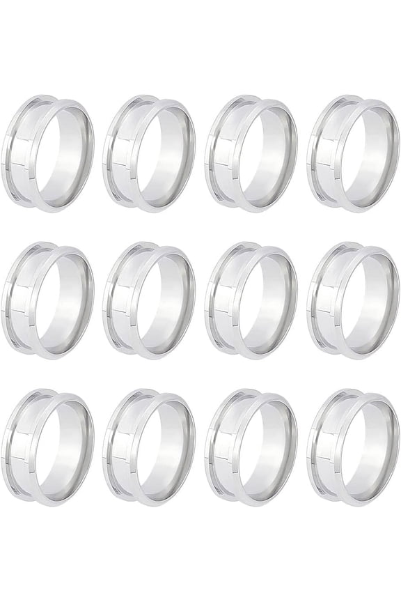 1 Box 12pcs Blank Core Ring Size 8 Stainless Steel Grooved Finger Ring with Velvet Pouches Round Empty Ring Blanks for Inlay Ring Jewelry Wedding Band Making