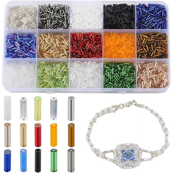 1 Box 135g 15 Colors Glass Bugle Beads 6mm Seed Beads Bulk Small Long Round Tube Craft Loose Spacer Bead for Jewelry Making Beading Sewing Supplies DIY Necklace Bracelet Earrings Crafts DIY